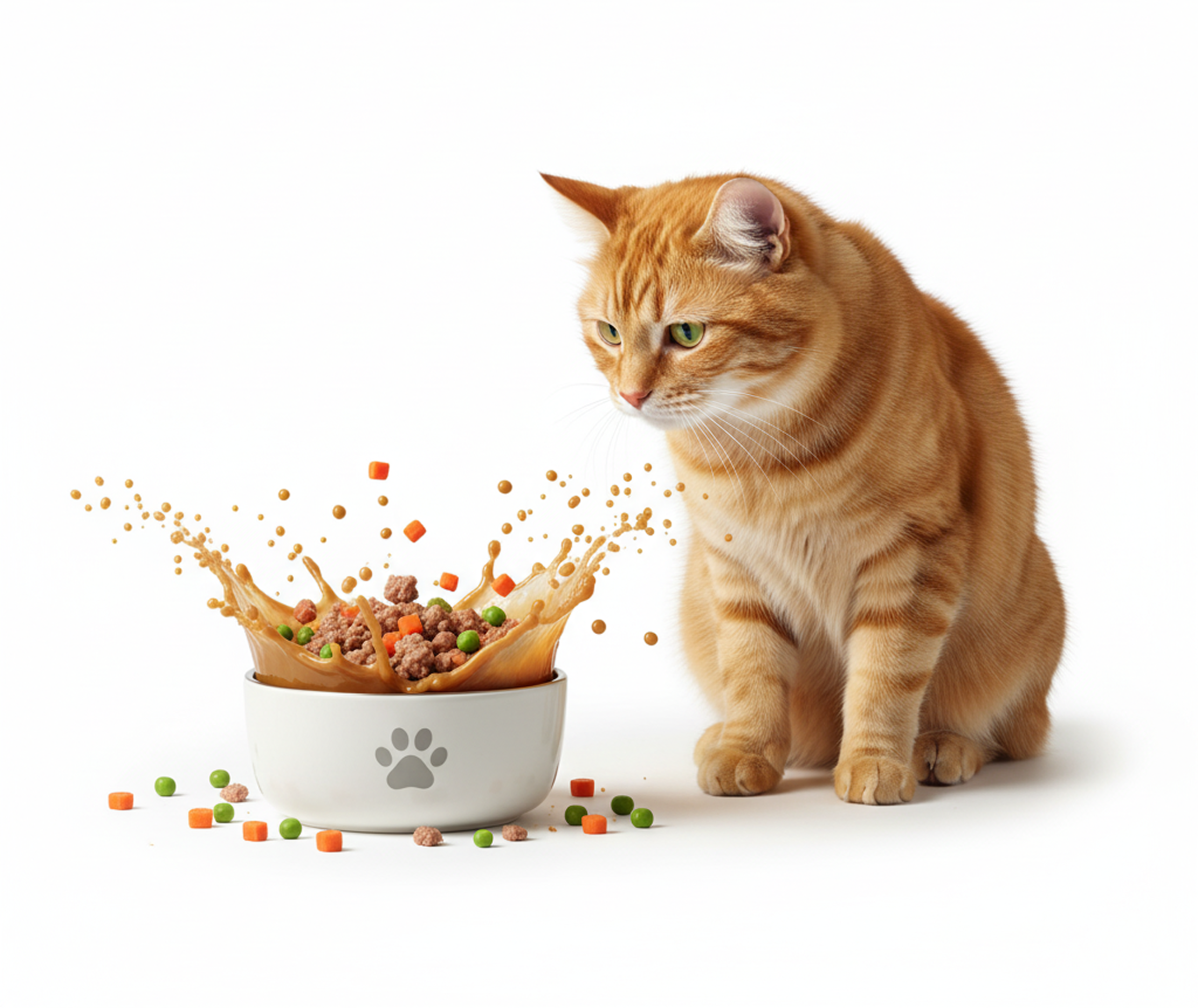 Hrana za macke. Mačka gleda u zdelu sa hranom.