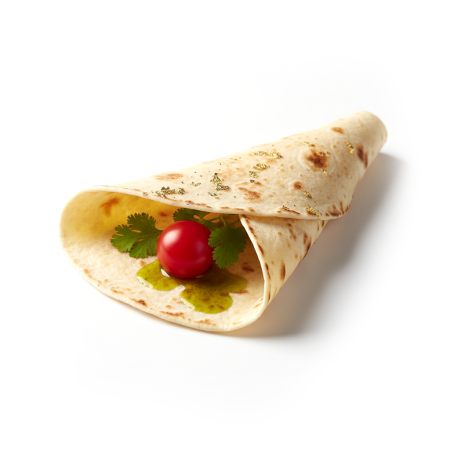 Tortilja uvijena u fišek. U njoj se nalazi čeri paradajz.