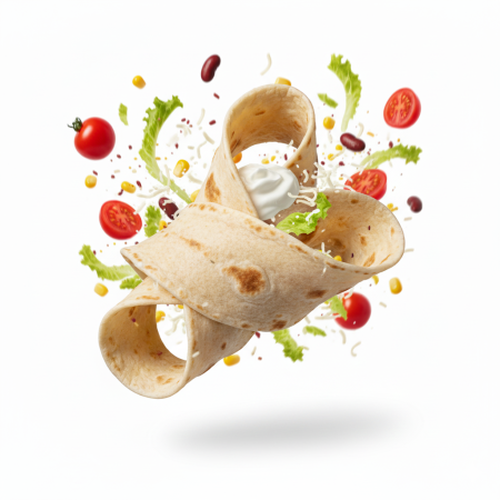 Uvijena tortilja od pšenice, a tu se nalazi i povrće, paradajz i zelena salata.